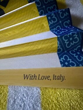Gorgeous Yellow & Blue Folding Hand Fan with 'CIAO!' Accent Bamboo material